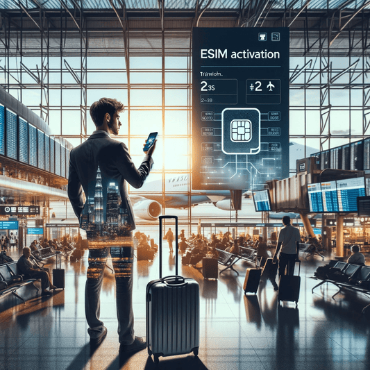 A traveler at an airport using a smartphone with an eSIM activation screen, against a backdrop of busy terminal activity, symbolizing easy global connectivity.