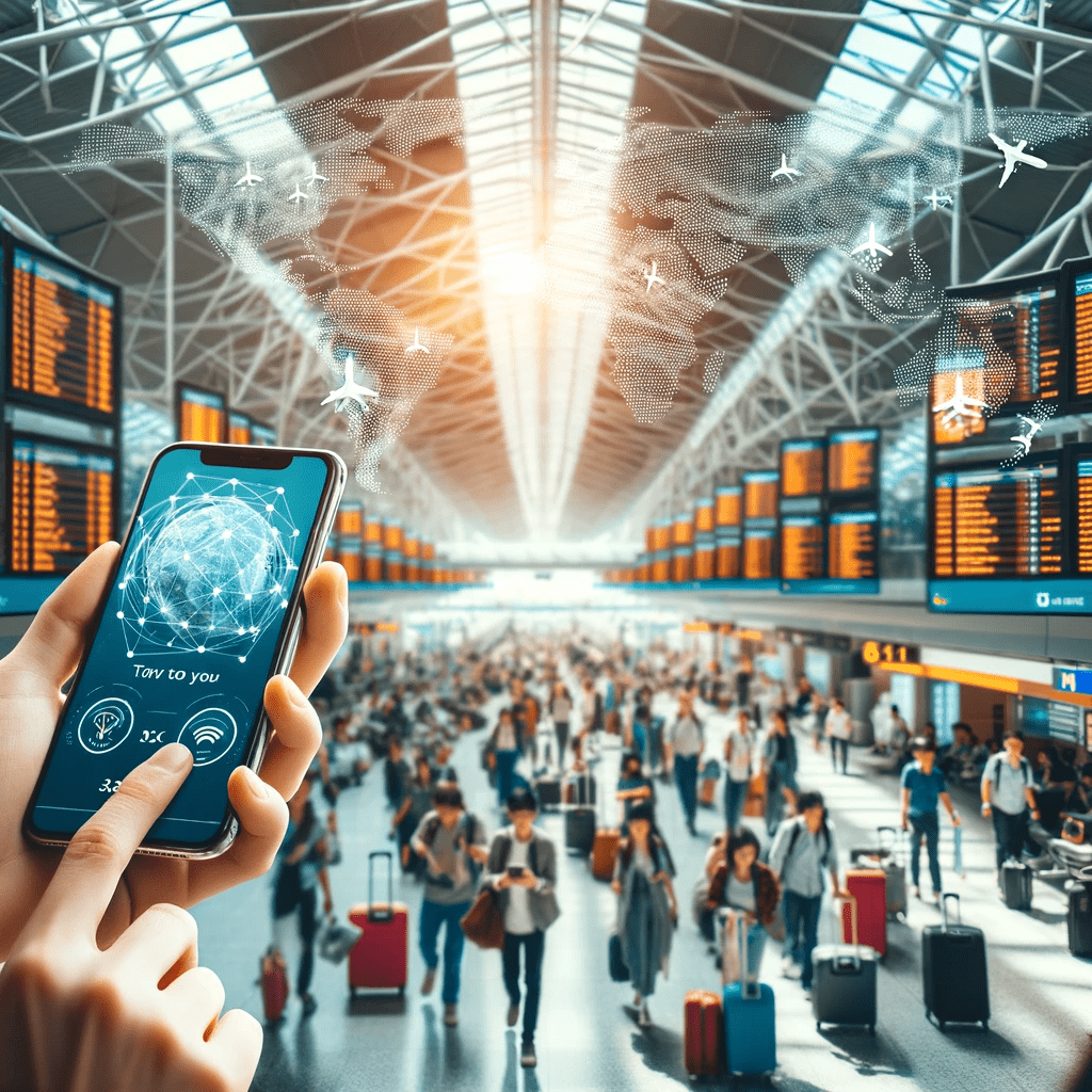 Traveler using a smartphone at a busy airport, displaying a connectivity map, amid travelers and flight screens, illustrating easy global connection with eSIM